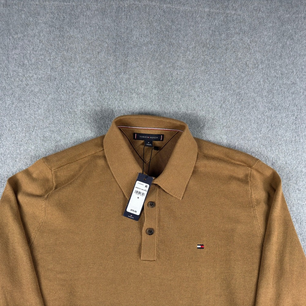 Tommy Hilfiger Polo Men's M Brown Tipping Wicking‎ Long Sleeve New
